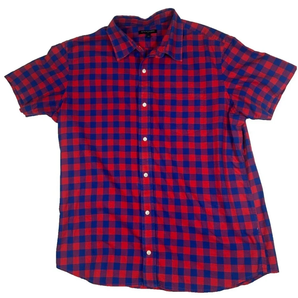 Banana Republic Mens XL Red Blue Check Plaid Short Sleeve Button Front Shirt
